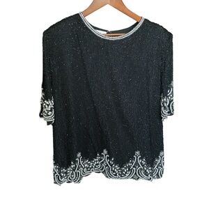 Laurence Kazar Black White Sequin Beaded Blouse Art Deco Silk faux pearls Lined